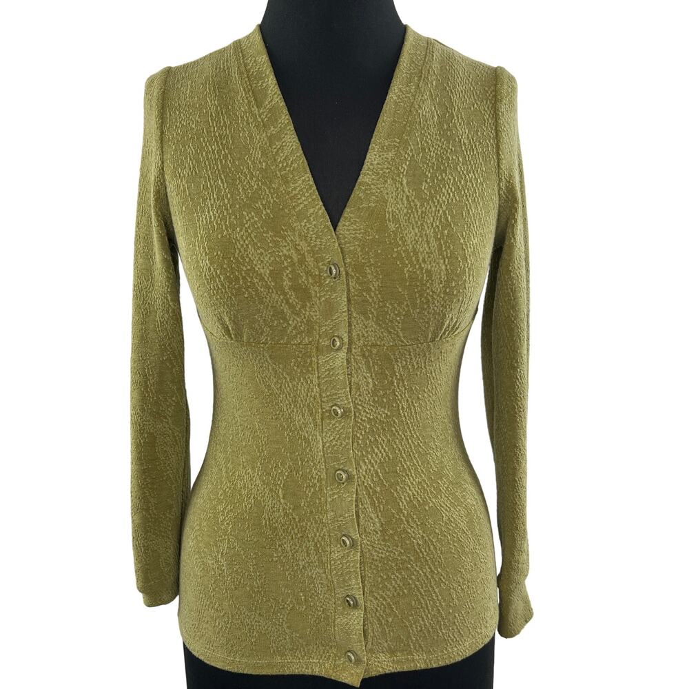 Amaranta Chic Green Long Sleeve V-Neck Button-Down Fitted Cardigan Sweater Sz 8